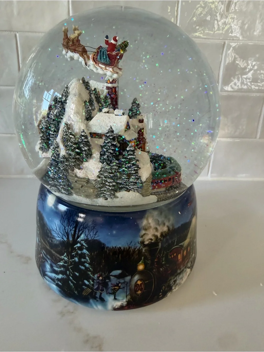 Festive Snow Globe Holiday Village with Train - White & Red
